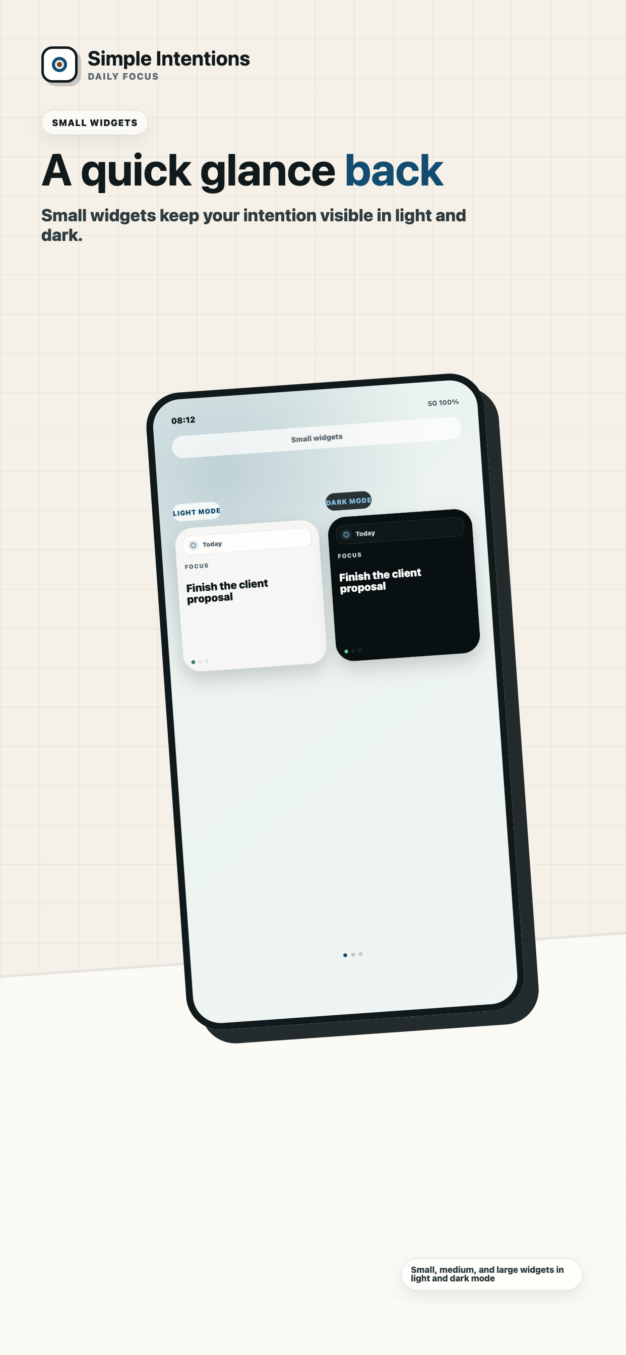 Today Focus small Home Screen widget previews in light and dark mode, showing the daily intention